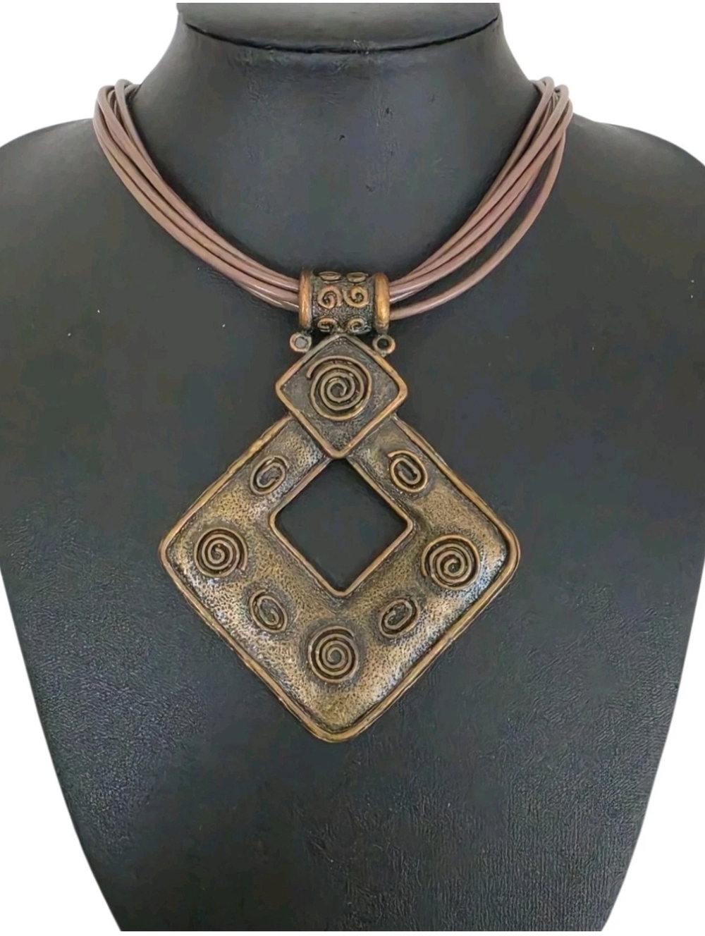 Vintage ME Signed Brutalist Open Diamond Pendant Necklace Bronze Rubber Cord